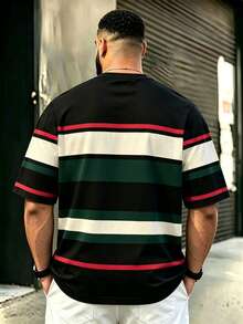 Men's Plus Size Fashion Casual T-Shirt - Striped Multicolor Crew Neck Short Sleeve, Machine Washable, Comfortable All Year Round - Multicolor - View 4