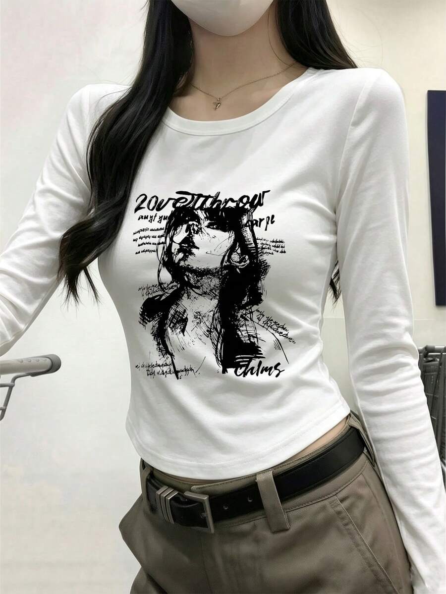 女款圓領長袖T恤,美式時尚修身百搭短版上衣,白色休閒款 - 白色 - 查看 1