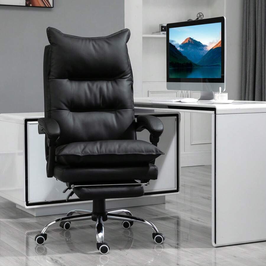 Vinsetto Office Chair Ergonomic Desk Chair With Armrests Black | Footrest, Height-Adjustable Swivel Chair In Faux Leather, Padded Computer Chair - Black - View 1