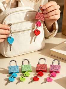 Mini Shiny Crystal Key Lock - Metal Mini Lock With 2 Keys, Heart Pattern Metal Lock, No Assembly Required, Luggage Lock, Locker Lock, Small Luggage Padlock, Suitcase Lock, Metal Key Lock, Suitable For Luggage, Gym Locker, Pencil Case, Backpack, Suitcase And Locker, School Gym Classroom Matching Game Travel Backpack, Back To School, Travel Accessories, School Gym Locker, Sports Locker, Fence, Toolbox, Suitable For Graduation, Teacher's Day Gift - Multicolor - View 9