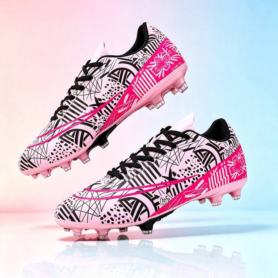 1 Pair Adult Football Cleats, AG/FG Studs, Outdoor Artificial Turf Sports Shoes, Indoor 5-A-Side Football Training Shoes, Professional Rugby Shoes - Pink - View 1