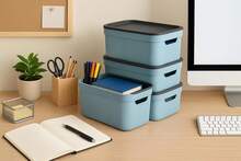 Set Of 3 A5 Decorative Boxes With Lids, Turquoise Color. Storage Containers Made From Material, Ideal For Bookshelves And Offices - View 3