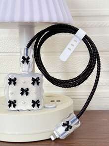 Black Bow Pearl Charger Protective Case, Data Cable Anti-Breakage Protection Rope - Black - View 2