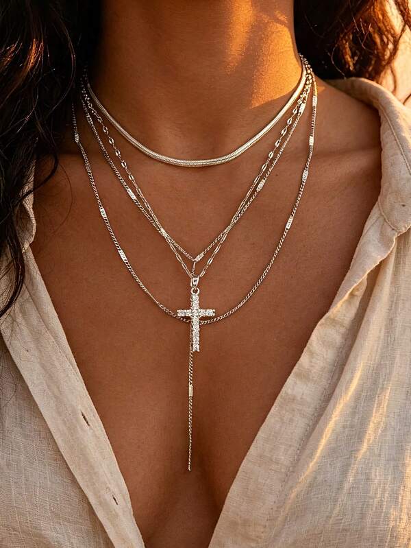 4 piezas/Set Collar de plata con cruz de strass y borlas de estilo minimalista elegante y casual, de varias capas, adecuado para uso diario de mujeres, vacaciones, fiestas y regalo de vacaciones