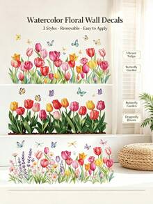 Watercolor Spring Tulip Waistline Wall Sticker, Multicolor Flowers And Butterflies, Self-Adhesive Waterproof, Suitable For Bedroom And Kitchen Baseboard And Wall Corner Decoration, French Cream Country Style Wall Surface Renovation Soft Sticker - Wall Stickers - View 1
