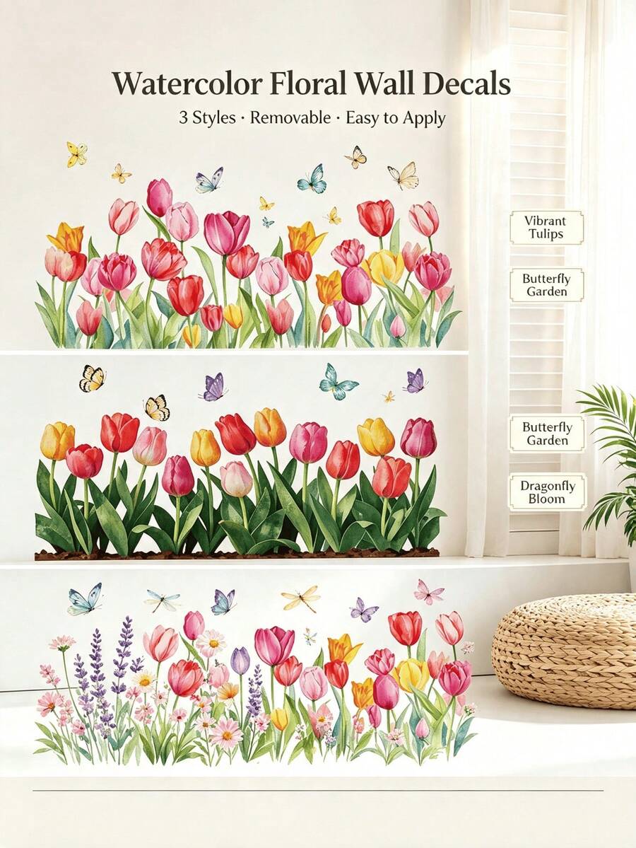 Watercolor Spring Tulip Waistline Wall Sticker, Multicolor Flowers And Butterflies, Self-Adhesive Waterproof, Suitable For Bedroom And Kitchen Baseboard And Wall Corner Decoration, French Cream Country Style Wall Surface Renovation Soft Sticker - Wall Stickers - View 1