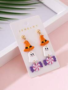 1 Pasang Anting-Anting Perhiasan Wanita Motif Hantu Pita Halloween dengan Desain Enamel, Dekorasi Sempurna untuk Pesta Liburan - MultiWarna - View 2