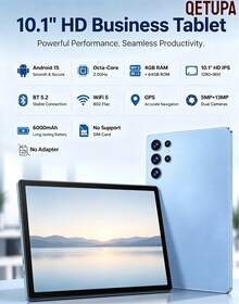 Qetupa Tablet Android 15 inci 10,1 inci, RAM 4GB ROM 64GB, Prosesor Octa-Core 2.0GHz, Layar Sentuh IPS HD 1280*800, Bluetooth 5.2 WiFi5 GPS, Kamera Ganda 5MP+13MP, Baterai Besar 6000mAh, Tanpa Slot Kartu SIM, Adaptor Tidak Termasuk - Biru - View 1