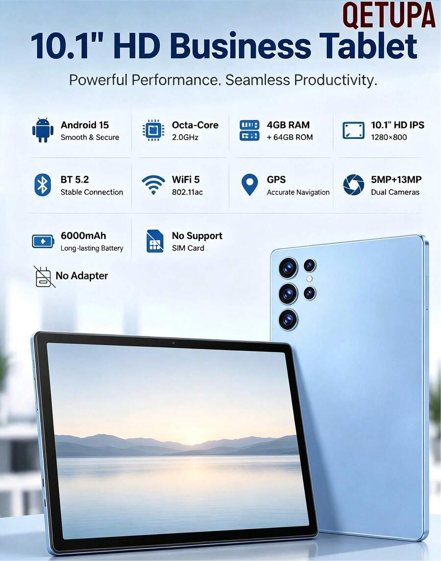 Qetupa Tablet Android 15 inci 10,1 inci, RAM 4GB ROM 64GB, Prosesor Octa-Core 2.0GHz, Layar Sentuh IPS HD 1280*800, Bluetooth 5.2 WiFi5 GPS, Kamera Ganda 5MP+13MP, Baterai Besar 6000mAh, Tanpa Slot Kartu SIM, Adaptor Tidak Termasuk - Biru - View 1