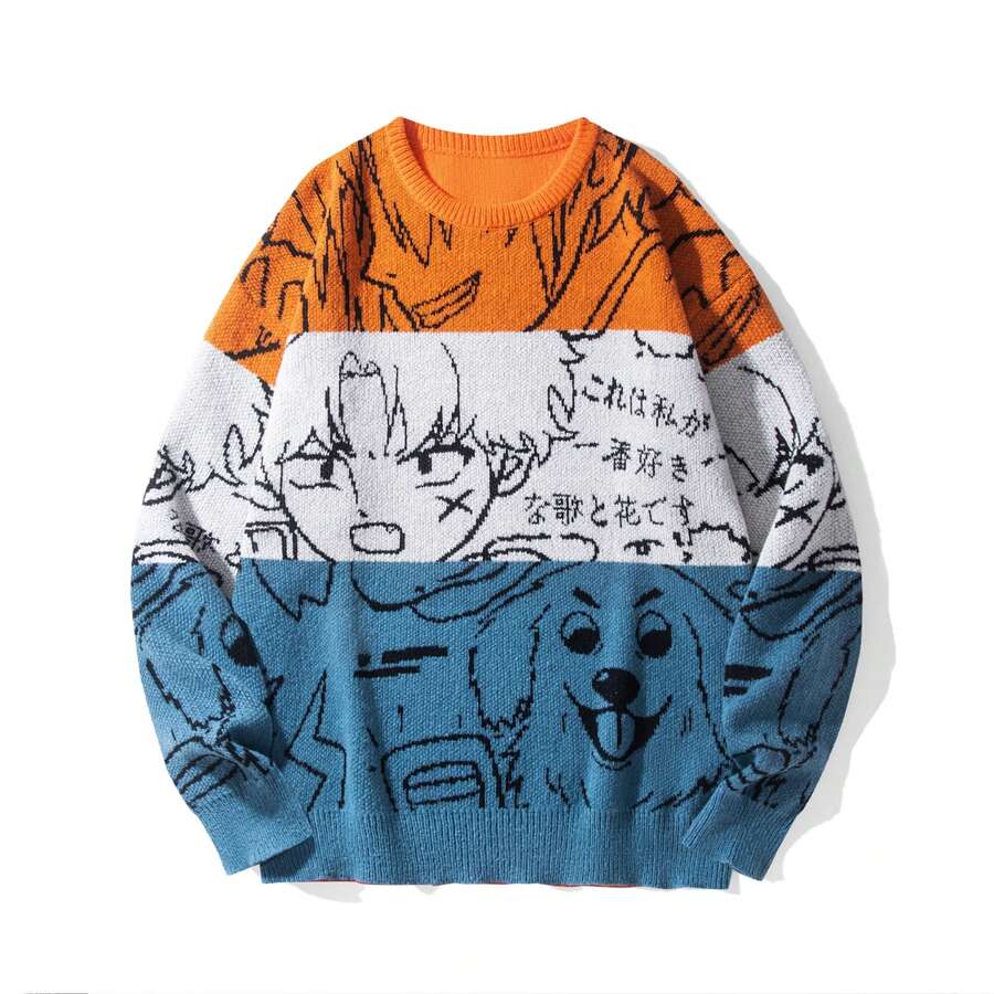 Sweater Rajut Intarsia Kartun Anime Blok Warna untuk Pria, Kerah Bulat, Longgar, Gaya Streetwear, Pullover - Jeruk - View 1