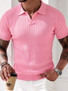 Camisa polo de manga corta de punto acanalado clásico para hombre, unicolor, perfecta para salidas de verano, esencial de moda - Rosa - Ver 4