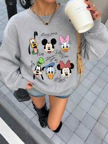 Start Disney Autumn/Winter Women's "Mickey Mouse And Donald Duck" Pattern Printed Street Commuter Y2k Clothing Grey Round Neck Sweatshirt - Grey - View 6