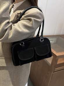 1件極簡復古拉鍊單肩包，附口袋裝飾與雙手把，適合女性日常休閒通勤 - 黑色 - 查看 4