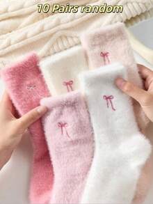 5 Pairs Bow Pattern Plush Over-The-Knee Socks For Women, Warm And Soft, Suitable For Autumn/Winter, Also An Ideal Gift - Bow - View 6