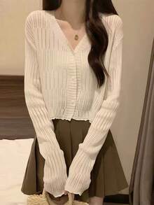 1 Black And White Apricot Green Thin Ruffle V-Neck Knit Cardigan Long Sleeve Sun Protection Shawl - Multicolor - View 7