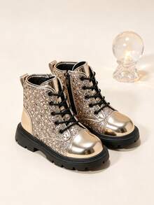 1 Pair Gold Sequin Performance Boots, Shiny Mirror PU Patchwork Material, Round Toe Elastic Soft Sole Inner Zipper Design, Glamorous Princess Style Leather Boots, Suitable For Daily, Holiday, Performance, Autumn/Winter New - Gold - View 9