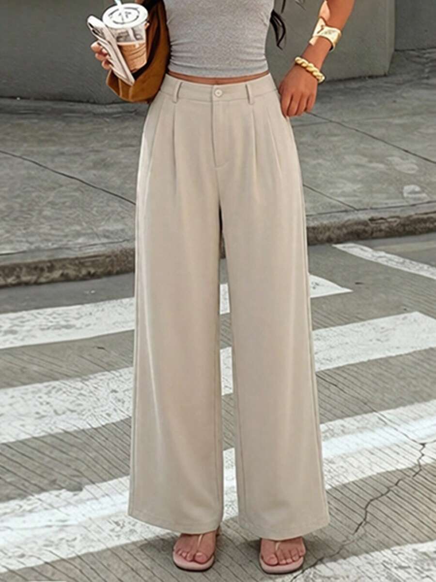 1 Piece Of Solid Color Polyester (Polyester) Casual Loose-Fit Trousers For Everyday, Vacation, And Office Wear In Autumn