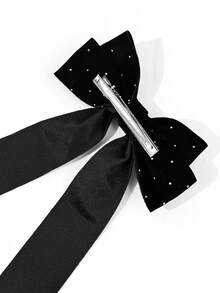 1pc Women's Solid Color Velvet Rhinestone Long Ribbon Bow Hair Clip, Gentle Atmosphere Head Accessory, Photography Prop, Back To School Gift For Girls - Black Rhinestone - View 4