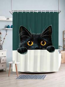 1pc Creative Black Cat Probe Shower Curtain - Suitable For Bathroom Decor, Bathroom Curtain - Easy To Clean, Exquisite Home Decor, Bathroom Partition Curtain, Decorative Shower Curtain, Bathroom Accessories Home Decor Gift - Includes 12 Hooks - Multicolor - View 2
