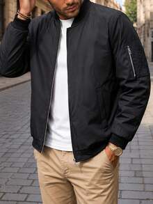 Men's Casual Baseball Collar Jacket, Black Lightweight Zip-Up Cardigan, Suitable For Spring/Autumn, Daily/Commute/Outdoor Wear - Black - View 4