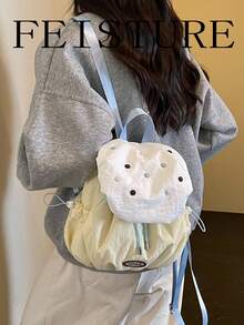 FEISTURE 1pc Solid Color Double-Washed Nylon Lightweight Travel Backpack, Minimalist Portable College Student School Bag - Yellow - View 5