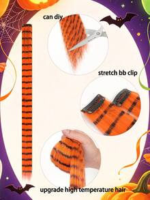 4pcs Leopard Print & Striped Hair Extensions, 20 Inch Colorful Long Straight Clip-In Hair, Suitable For Women's Daily Wear, Party, Halloween And Other Holidays - Multicolor - View 4