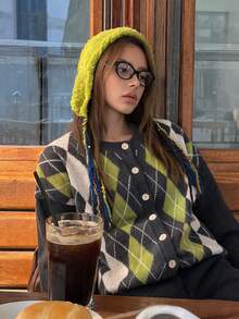 New Autumn/Winter Women's Casual Minimalist Retro Diamond Plaid Design Cardigan Sweater - Black - View 5