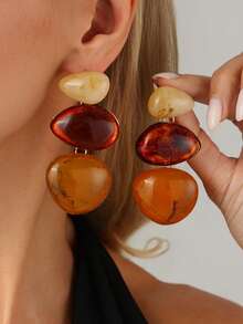 Retro Maillard-Brown Amber Gradient Multi-Layer Earrings. Retro Geometric Color-Matching Earrings. - Multicolor - View 1
