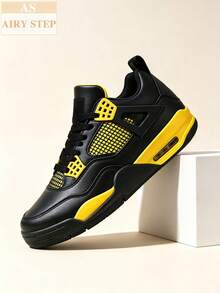 Men Women Couple 90s Retro Basketball Shoes, Mesh Synthetic Leather Upper, Visible Large Air Cushion, Stain Resistant Black Yellow, For Daily Wear, Sports & Gym - 黑色 - 查看 1
