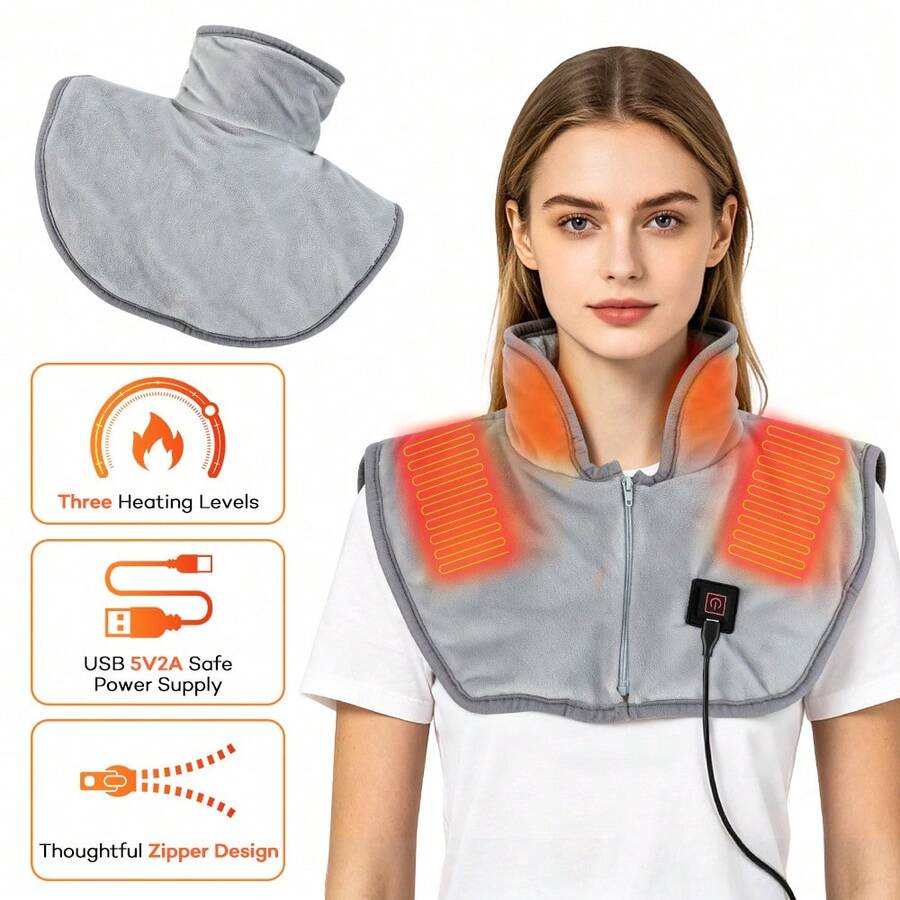 Electric Neck Scarf, 3 Temperature Adjustable Heating Small Shawl, USB Plug-In Zipper Shoulder And Neck Warmth Device, Hot Compress And Shoulder Protector - View 1