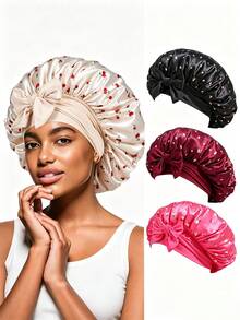 1pc Beige Cherry Floral Print Satin Shower Cap, Romantic Style Satin Fabric Round Shape With Bow Decor & Adjustable Tie‑Strap Detail, Hair Care Protection Function Satin Hair Bonnet, For Bedroom Bathroom Shower Daily Use All Season Holiday Gift - Multicolor - View 7