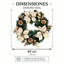 Künstlicher Weihnachtskranz 40cm mit weißen Weihnachtssternen und goldenen Tannenzapfen, dekorative Girlande für Tür und Wand in Grün, Weiß und Gold, 40x8x40cm - A - Übersicht 4