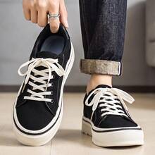 Men Low‑Top Canvas Skate Shoes Lace‑Up Thick Platform Sole Casual Sneakers Simple Solid Color Street Footwear For Daily Commute Campus - Black - View 2