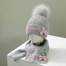 2pcs/Set Kids Hat & Scarf Set, Autumn/Winter Thermal Lined Thick Bow Knot Pom Pom Knit Hat For Boys And Girls - 1PC - View 4