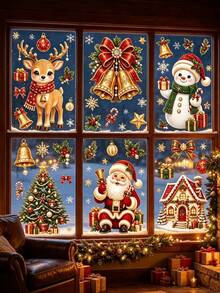 57pcs/6sheets Christmas Window Clings, Xmas Snowman Santa Claus Reindeer Snowflakes Tree, For Holiday Party Home Office Classroom Window Decals Decorations, Winter Silhouette Indoor Decor For Glass - Multicolor - View 6