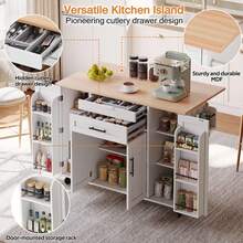 Rolling Kitchen Island Cart With Fold‑Out Extension Tabletop, 2 Drawers & Multi‑Cabinet Storage With Adjustable Shelves & Door Racks, Mobile Kitchen Trolley With Towel Rack & Spice Rack For Kitchen Dining Room - White - View 3