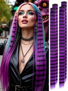 4pcs Leopard Print & Striped Hair Extensions, 20 Inch Colorful Long Straight Clip-In Hair, Suitable For Women's Daily Wear, Party, Halloween And Other Holidays - Multicolor - View 11