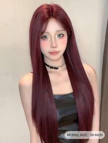 alicegarden 30 Inch Front Lace Wig, Natural Straight Hair, Stunning Burgundy Red, Middle Part Design, Suitable For Women's Daily Wear, Party, Cosplay, Natural And Durable Wig Gift, Halloween - Burgundy - View 4