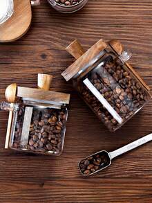 1pc Glass Airtight Storage Jar With Walnut Wood Lid, High-Definition Glass With Silicone Seal Ring, Suitable For Storing Snacks, Cookies, Coffee Beans, Salt, Sugar, Etc. - Clear - View 9