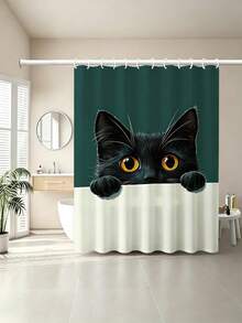 1pc Creative Black Cat Probe Shower Curtain - Suitable For Bathroom Decor, Bathroom Curtain - Easy To Clean, Exquisite Home Decor, Bathroom Partition Curtain, Decorative Shower Curtain, Bathroom Accessories Home Decor Gift - Includes 12 Hooks - Multicolor - View 9