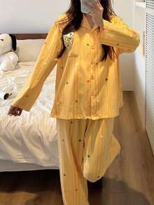 Gongdie 2 Pieces Snoopy Women Pajama Set,Fall Yellow Striped Soft Cotton Loungewear With Colorful Polka Dots And Pocket - Yellow - View 3