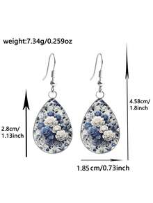 1 Pair Dark Vintage Rose Pattern With 316 Stainless Steel Water Drop Ear Hooks, Suitable For Women's Daily Wear - Blue - View 4