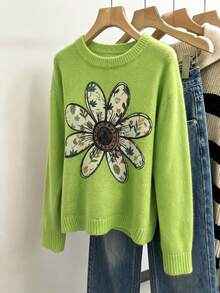 Women's Green Ribbed Knit Polyester Long Sleeve Pullover Sweater, Bright Floral Pattern, Suitable For Autumn/Winter Casual Daily Wear Fall - Green - View 8