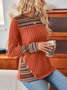 Plus Size Women's Round Neck Colorblock Printed Long Sleeve Top - Orange - View 4