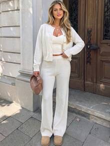 Women Autumn Cream Knit 2 Pieces Outfit Round Neck Button Front Cardigan Wide Leg Pants Long Sleeve Ribbed Hem Casual Sweater Set - White - View 3
