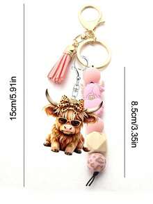 Highland Cow Acrylic Beaded Keychain With Tassel, Cute Short Keychain, Cartoon Punk Style, Animal Theme, Lobster Clasp, Decorative Backpack Accessory, Acrylic Pendant, Car Key Anti-Loss Chain, Ideal Gift For Friends And New Year Celebration, Highland Cow, Silicone Beads, Tassel, Backpack Accessory, Car Key, Anti-Loss Chain, Holiday Gift - Multicolor - View 10