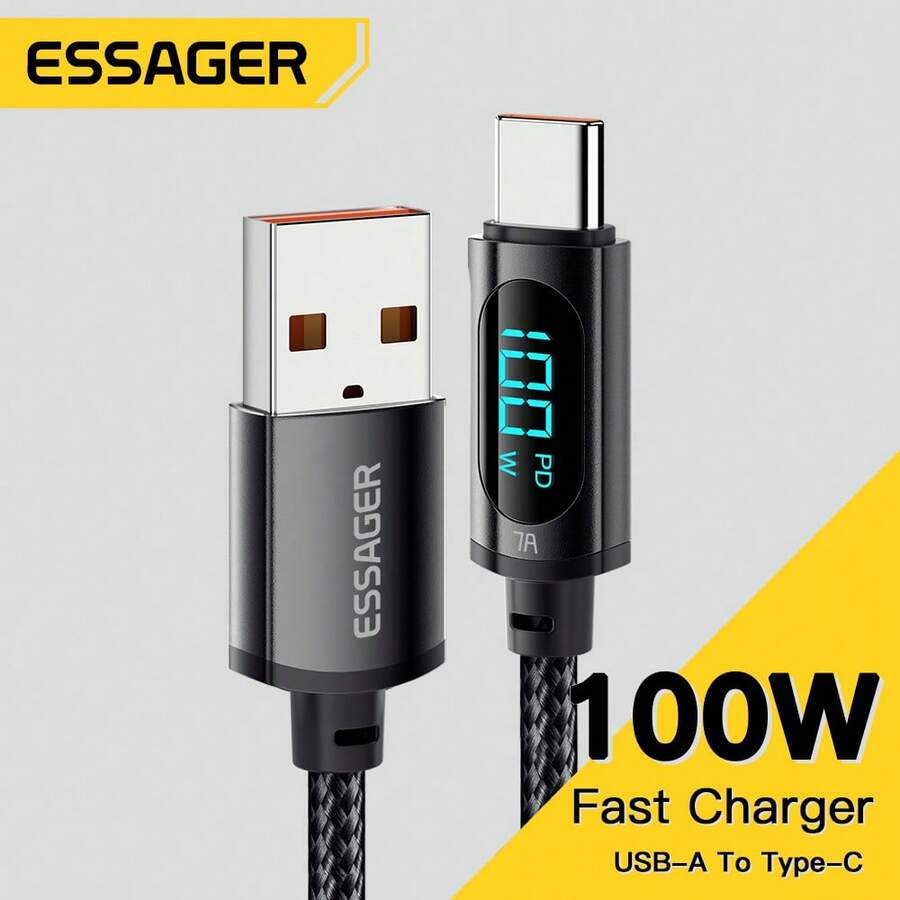 Essager Type C Cable 100W 7A PD Fast Charging Charger USB C With LED Display Cable Data Wire For Laptop Mobile Phone Tablet Nan - Black - View 1