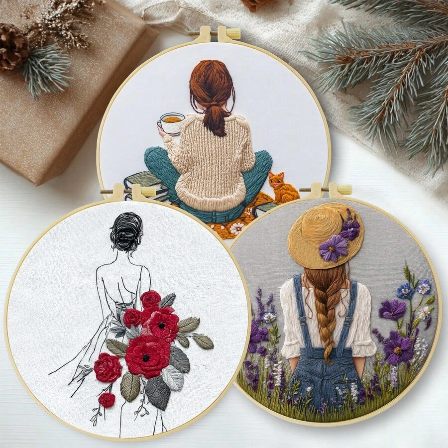 1PC 20*20cm/7.9*7.9in,Women's Theme: A Woman's Back Embroidery Kit, DIY Handmade Embroidery Set For Adult Beginners, Home Gift, Women's Sewing Gift, Including User Manual, Printed Pattern Fabric, Embroidery Frame, Needle And Thread.