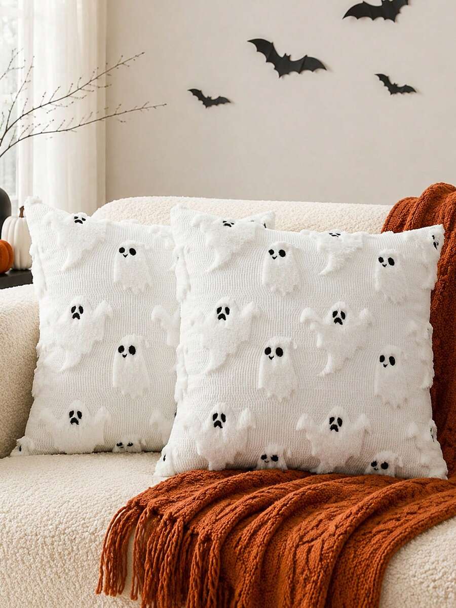 1pc Halloween Pillow Case, Cute Bat Embroidery Design, Soft Faux Wool Cushion Cover, Suitable For Autumn Home Decor Gift, Sofa Chair Bedroom Use - White - View 1