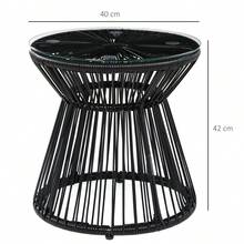 Mesa de Jardín Redonda con Diseño de Tambor Hueco, Mesa Bistro con Tablero de Vidrio, Mesa de Centro Negra para Jardín y Balcón - Negro + Ratán - Ver 2